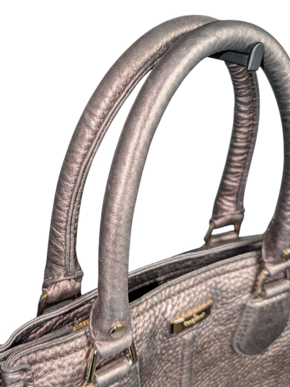 Cole Haan Pewter Metallic Pebbled Leather Handbag Satchel - Picture 8 of 9